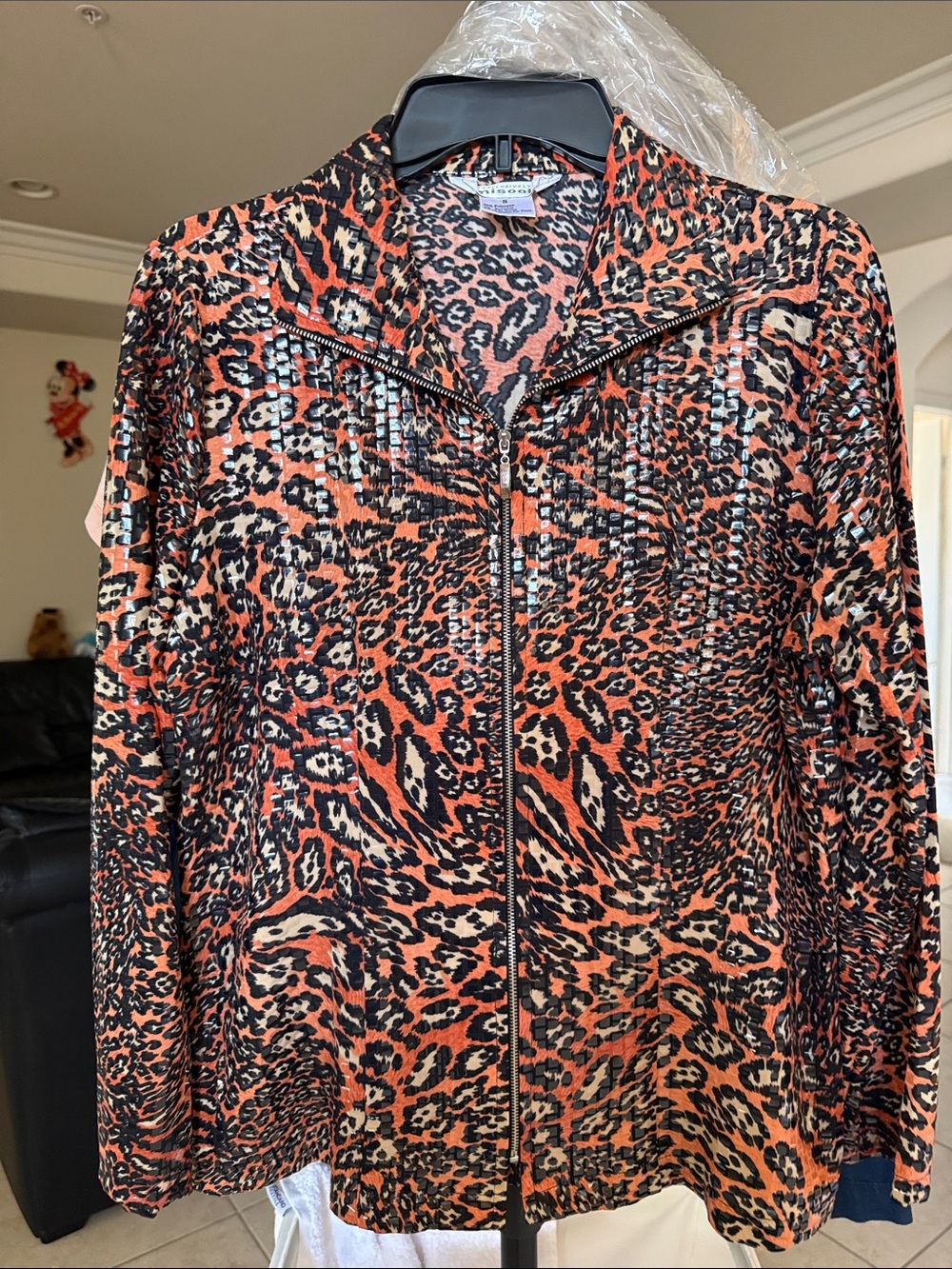 Misook Orange Black Animal Print Zip-Front Jacket